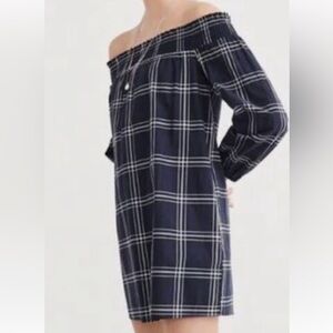 Abercrombie Fitch navy blue with white Plaid Off Shoulder Mini Dress M